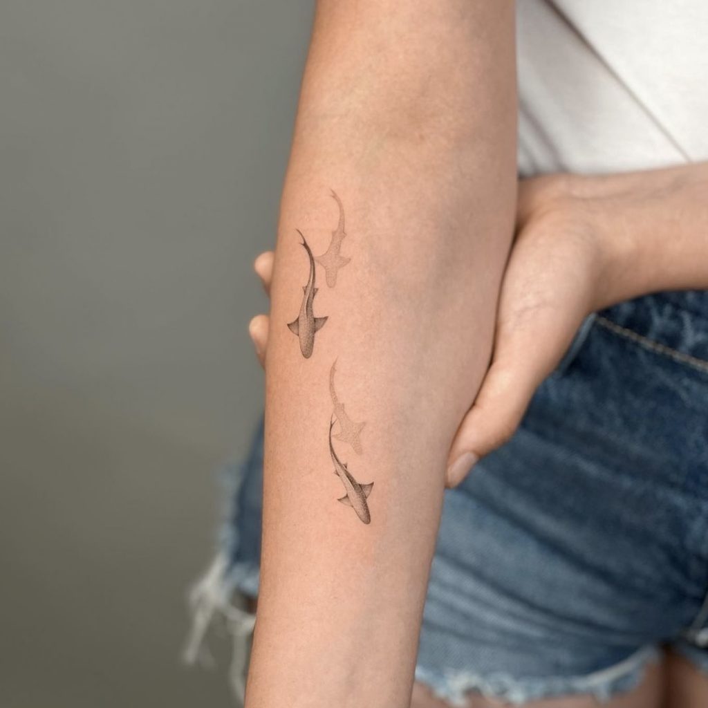 Detailreiches Haifisch-Tattoo im Microrealismus-Stil auf der Haut – realistisches Mini-Tattoo eines Hais